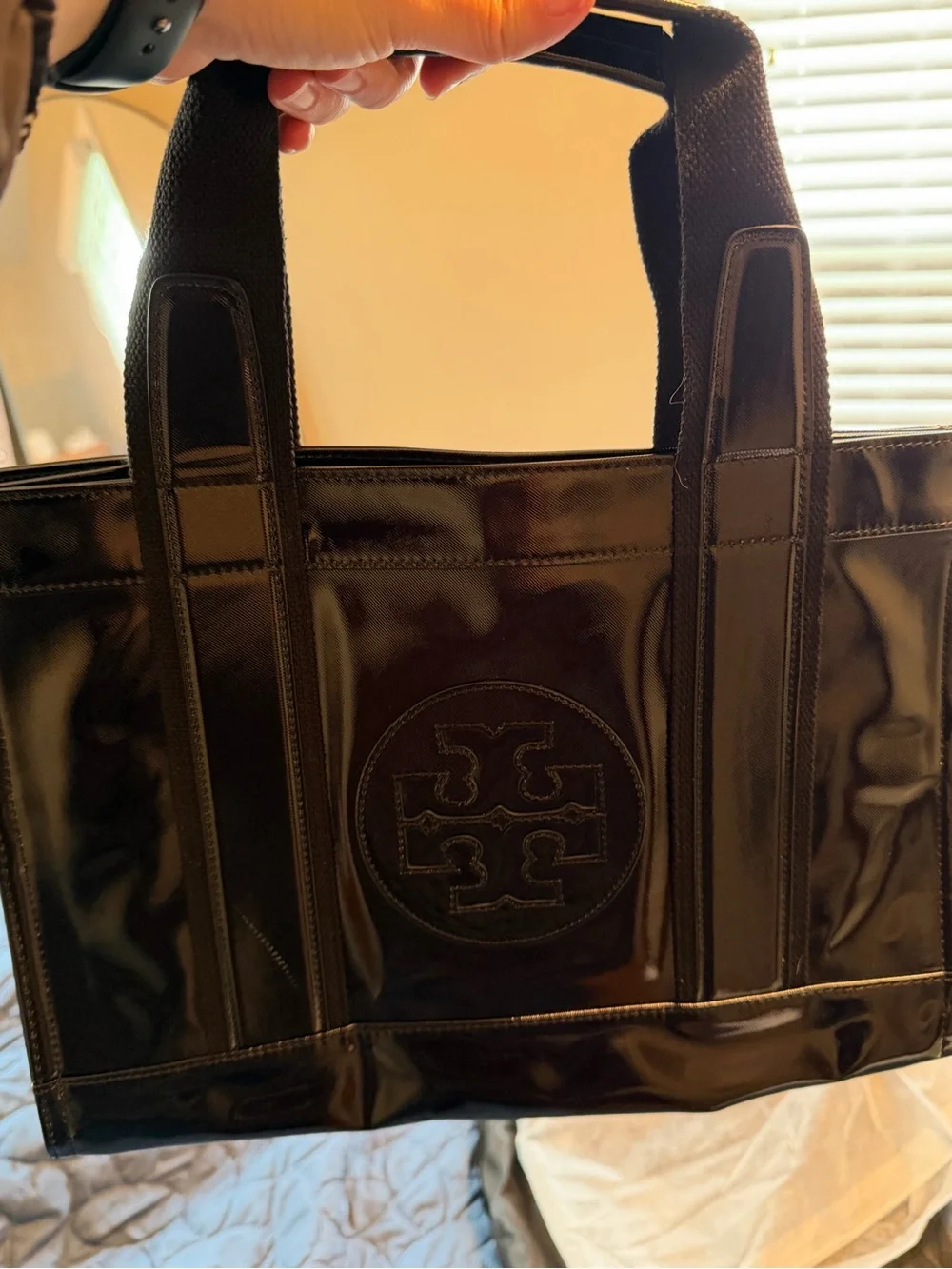 Tory Burch Black Patent Leather Logo Tote